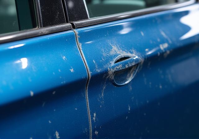 스크래치가 많았던 파란색 세단의 전후 비교 사진 - 이전 상태