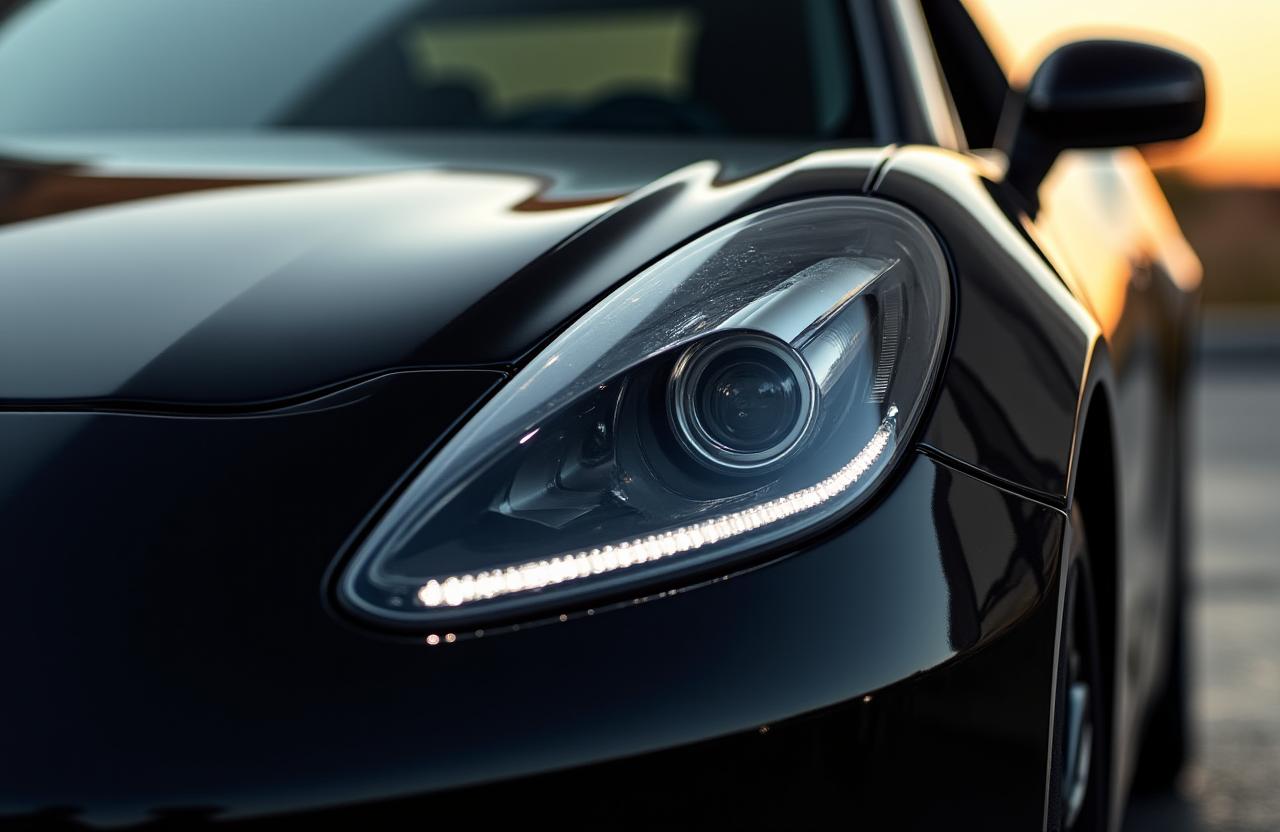 광택 작업이 완료된 고급스러운 검은색 자동차의 클로즈업 샷